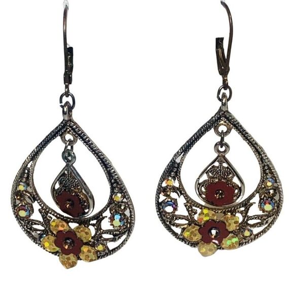 Vintage Shimmering Rhinestone Flower Silver Tone Hoop Leaverback Earrings 2” - Picture 2 of 5